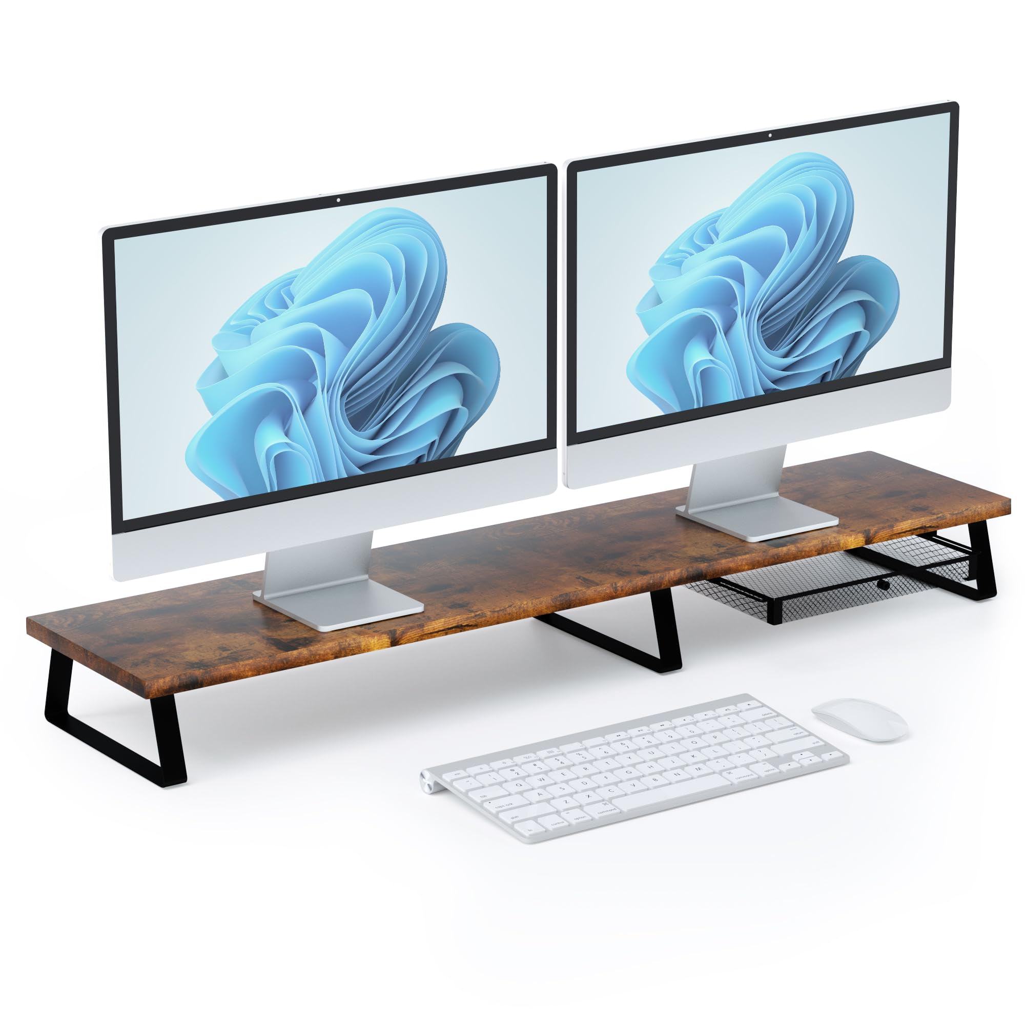 Desktop Dual Monitor Stand Riser - Wood Monitor Stand for 2 Monitors, Computer Stand with Metal Legs & Drawer, Office Desk Organizers and Storage, Monitor Shelf for Computer/Laptop/Printer/TV, Vintage